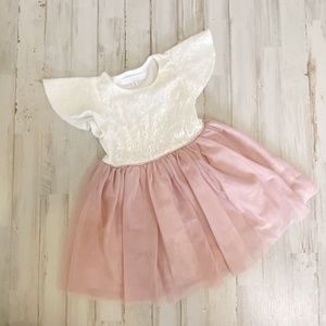 Girl's Ivory Metallic Lace Top Cap Sleeve Dress w/ Rose Tulle Bottom | Size: 2T